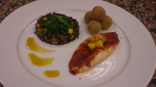 John Dory Fish with Red Spices (Tandoori and Satay) with kidney bean "fries" and wild rice with Papaya and Mango. 