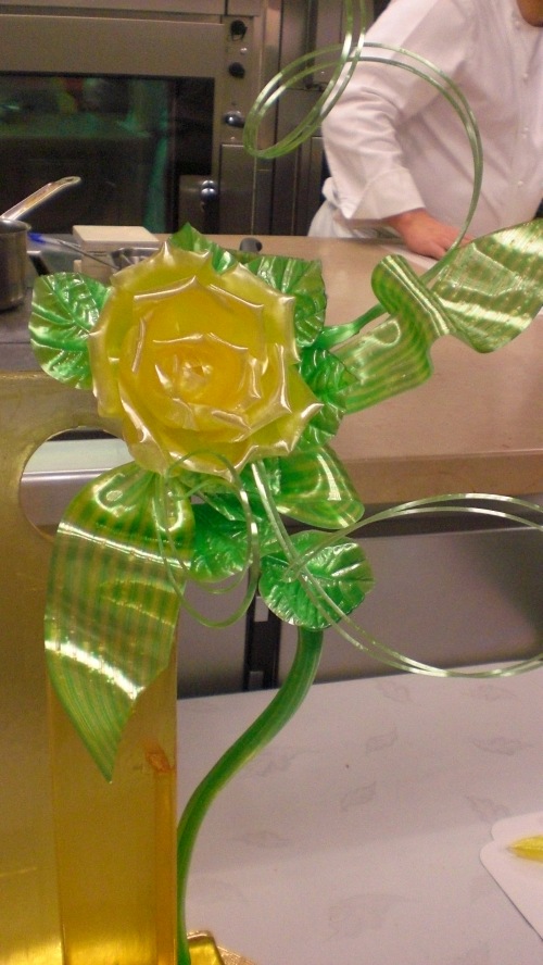 The pulled sugar rose, leaves, and ribbons. 