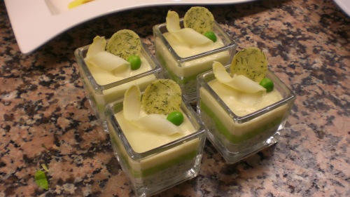My Verrine!  Layer 1: A Rillete of smoked trout with fresh farmer's cheese, dill and parsley.  Layer 2: A puree of green peas.  Layer 3: A white asparagus veloute made with potatoes, fennel, and a home-made turbot fumet. 